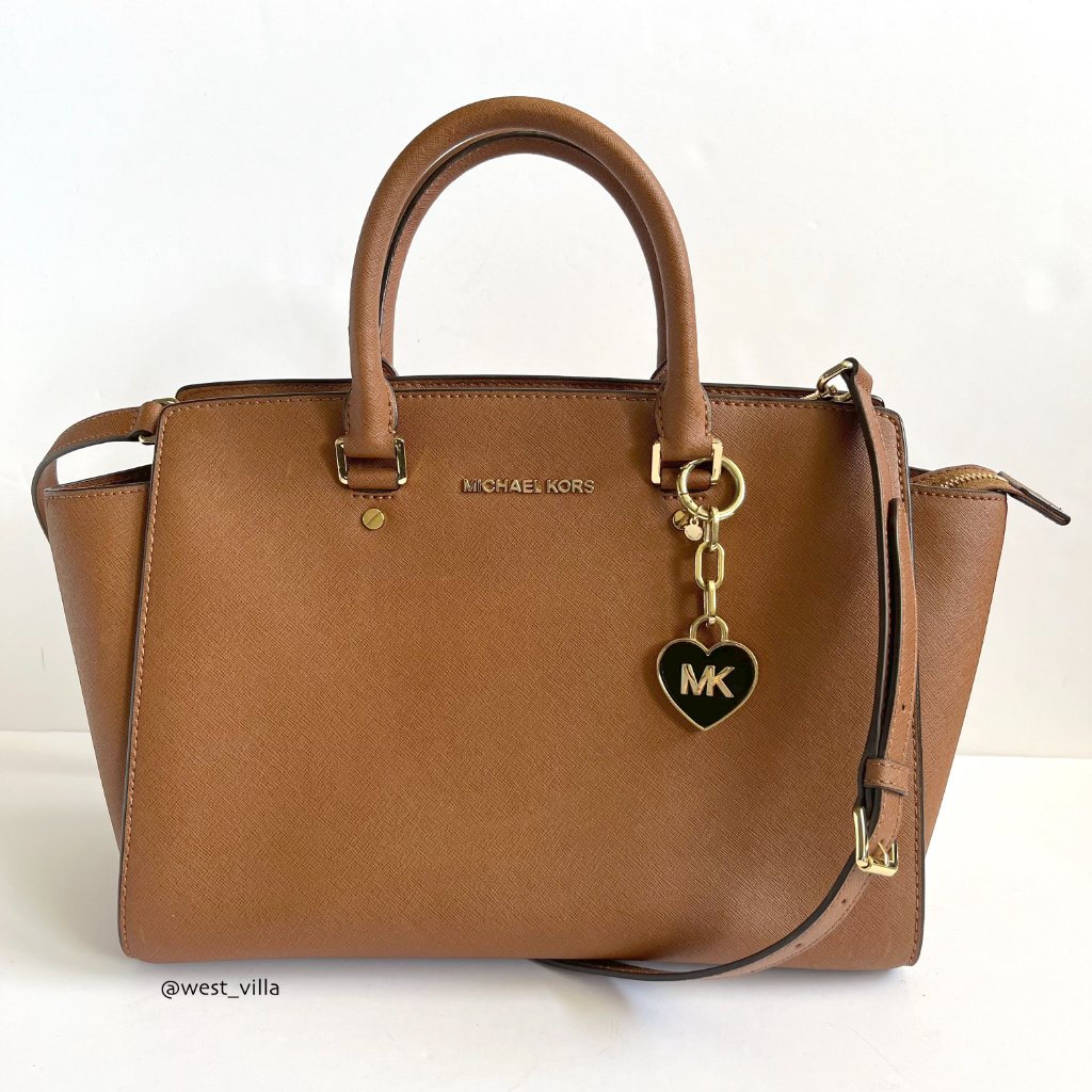 Michael Kors Selma Large Brown Saffiano Leather Satchel Shoulder Bag + Keychain